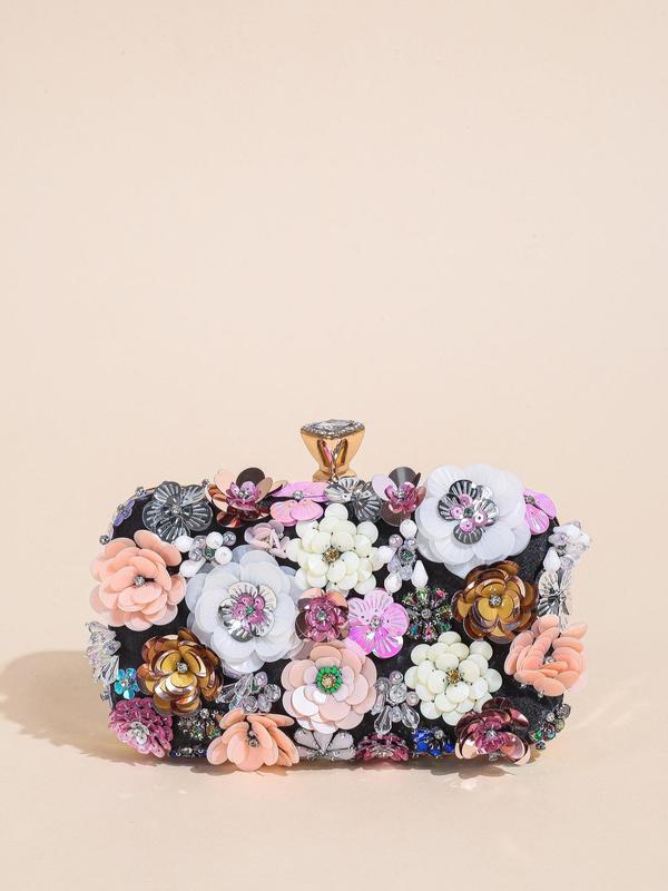 Women's Elegant Rhinestone Decorated Flower Design Evening Bag, Exquisite Trendy Box Evening Bag, Fashionable Work Bag for Party Decoration, Fall Outfits, Fall Freshness