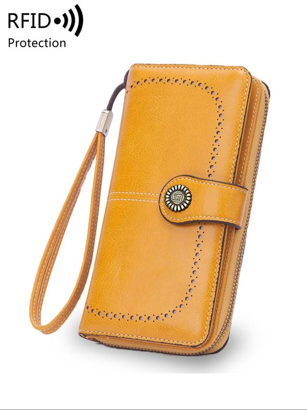 Solid Color Flower Buckle Long Wallet with RFID Protection, Vintage Multi-functional Coin Purse with Zipper & Wristband, Casual Versatile Pu Leather Wallet for Women