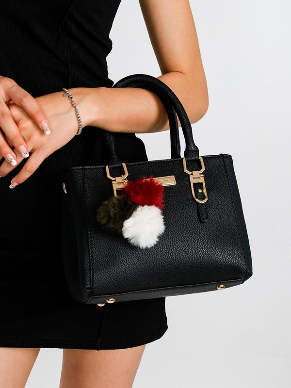 Women's Elegant Solid Color Handbag with Pom Pom Decoration, Fashionable Handbag with Adjustable Strap for Work & Daily Use