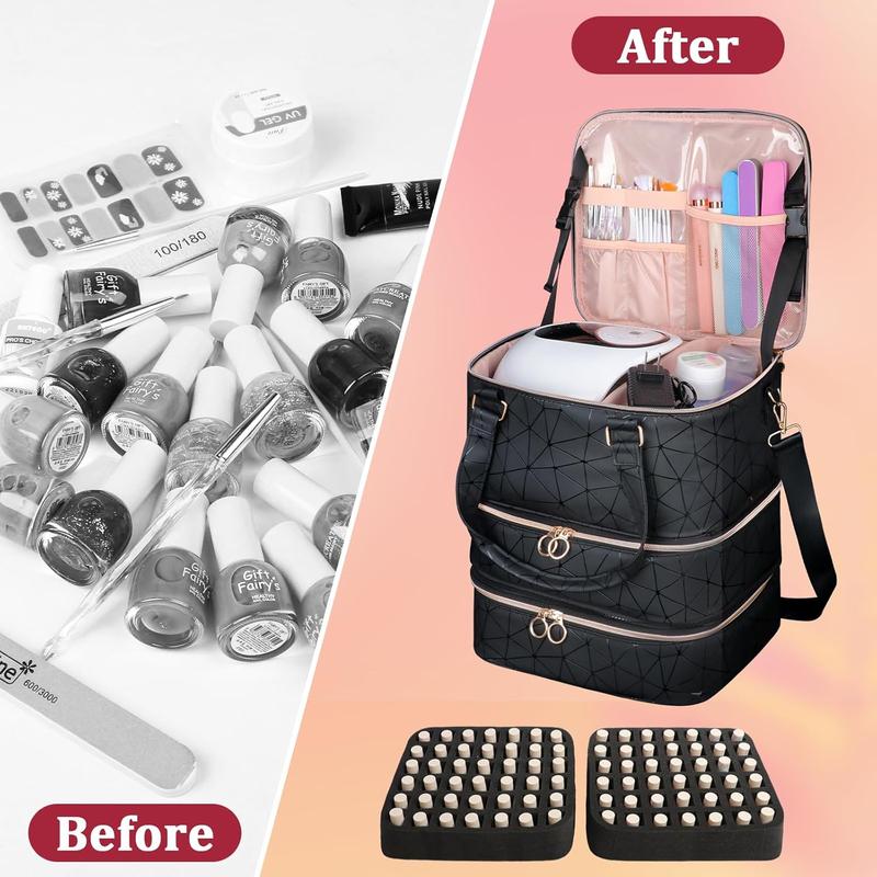 Nail Polish Organizer Bag Holds 84 Bottles (15ml 0.5fl.oz)& Nail Lamp, 3 Layers Detachable Nail Kit Storage Case PU Leather, Large Travel Nail Supplies Shoulder Bag for Manicure Tools (Black)