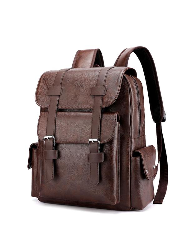 Solid Color Pu Leather Backpack, Fashionable Large Capacity Computer Bag for Men & Women, Casual Trendy Versatile High-quality Daily Commuting Bag