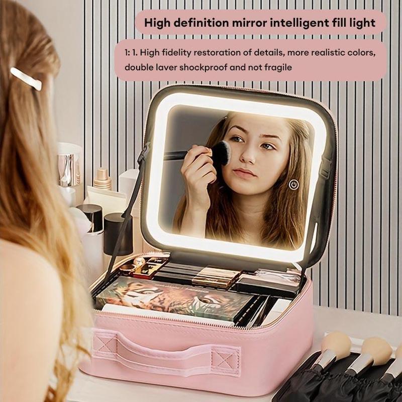 Makeup Bag with LED Mirror, 1 2 Counts Portable Large Capacity Cosmetic Makeup Containers Set Storage Bag with Adjustable Brightness LED Light, Travel Makeup Organizer