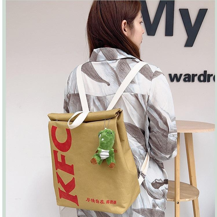 McDonald's Backpack Fun Backpack Women's Canvas large capacity cartoon French fries bag Travel crossbody bag Starbucks KFC bag Double backpack schoolbag