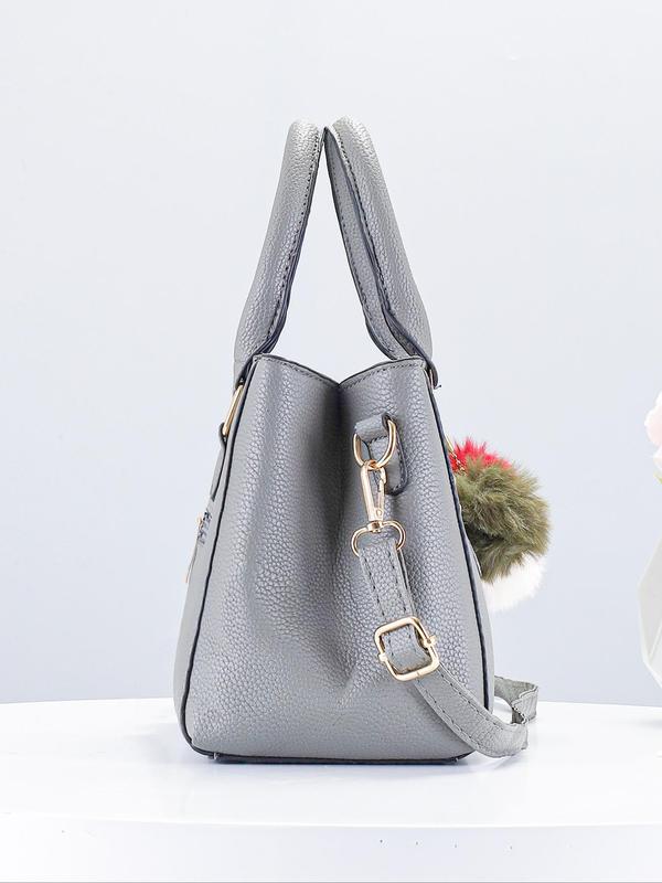 Women's Elegant Solid Color Handbag with Pom Pom Decoration, Fashionable Handbag with Adjustable Strap for Work & Daily Use