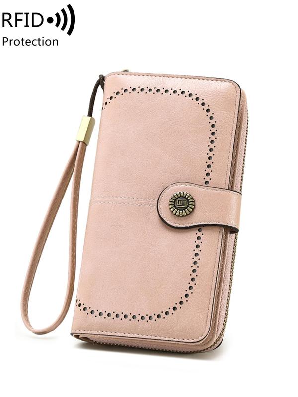 Solid Color Flower Buckle Long Wallet with RFID Protection, Vintage Multi-functional Coin Purse with Zipper & Wristband, Casual Versatile Pu Leather Wallet for Women