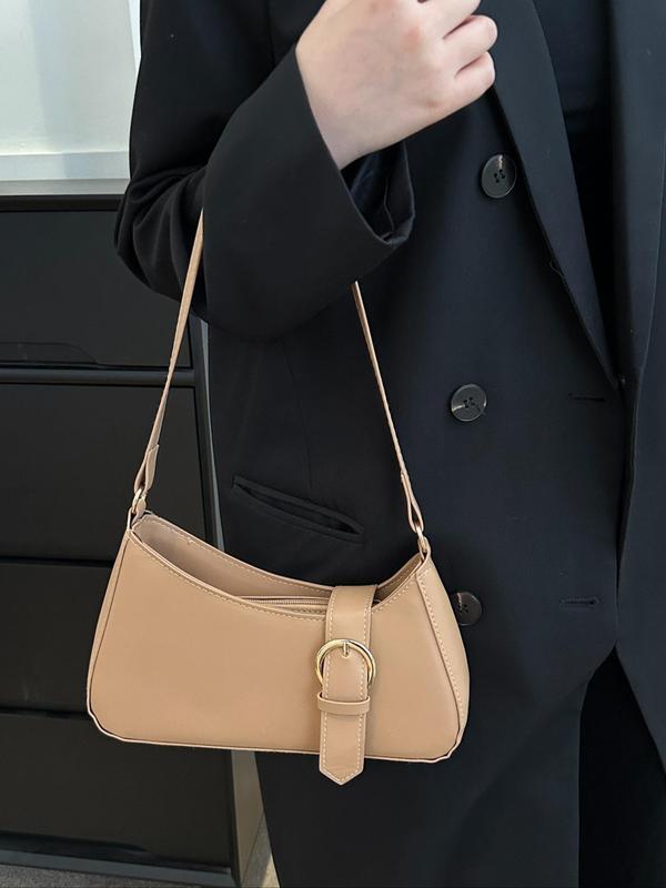 Women's Fashionable Solid Color Baguette Bag, Simple Plain Pu Leather Zipper Shoulder Bag for Daily Used, Casual Trendy Versatile High-quality Daily Commuting Bag, Girl Fashionable Shopping Bag