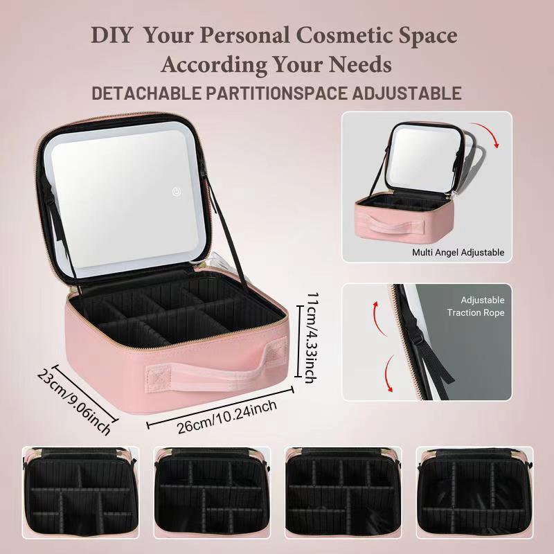 Makeup Bag with LED Mirror, 1 2 Counts Portable Large Capacity Cosmetic Makeup Containers Set Storage Bag with Adjustable Brightness LED Light, Travel Makeup Organizer