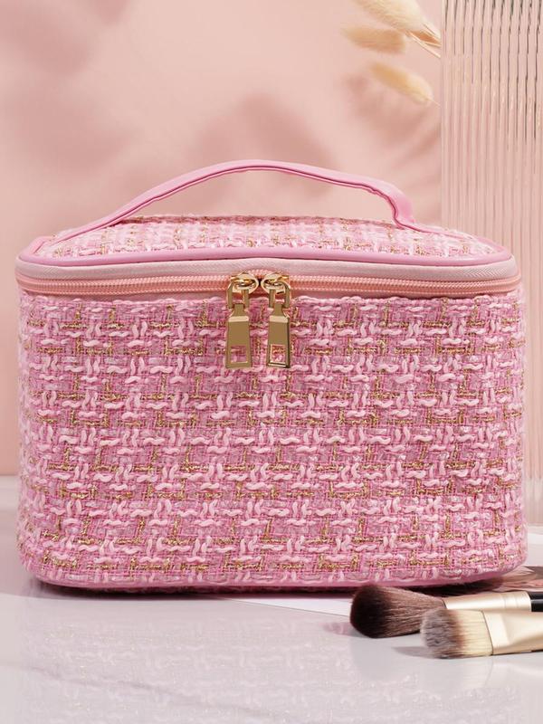 Tweed Decor Makeup Bag, Large Capacity Cosmetic Storage Bag, Portable Travel Toiletry Bag, Zipper Makeup Organizer Pouch