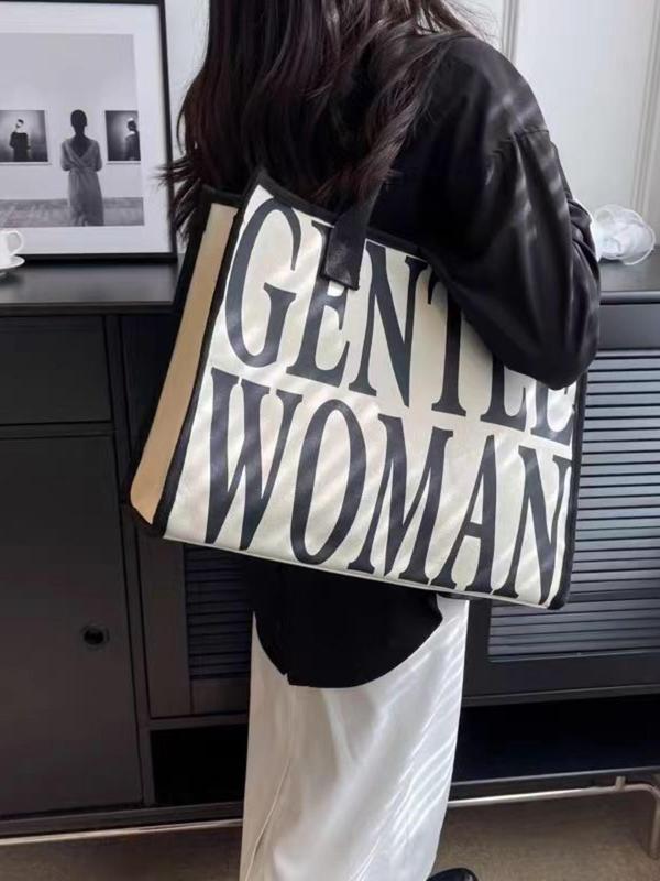 Women's Oversized Letter Printed Handbag, Fashion Contrasting Color Trim Design Shoulder Bag, Casual Large Capacity Commuter Canvas Tote Bag for Work and Daily Use