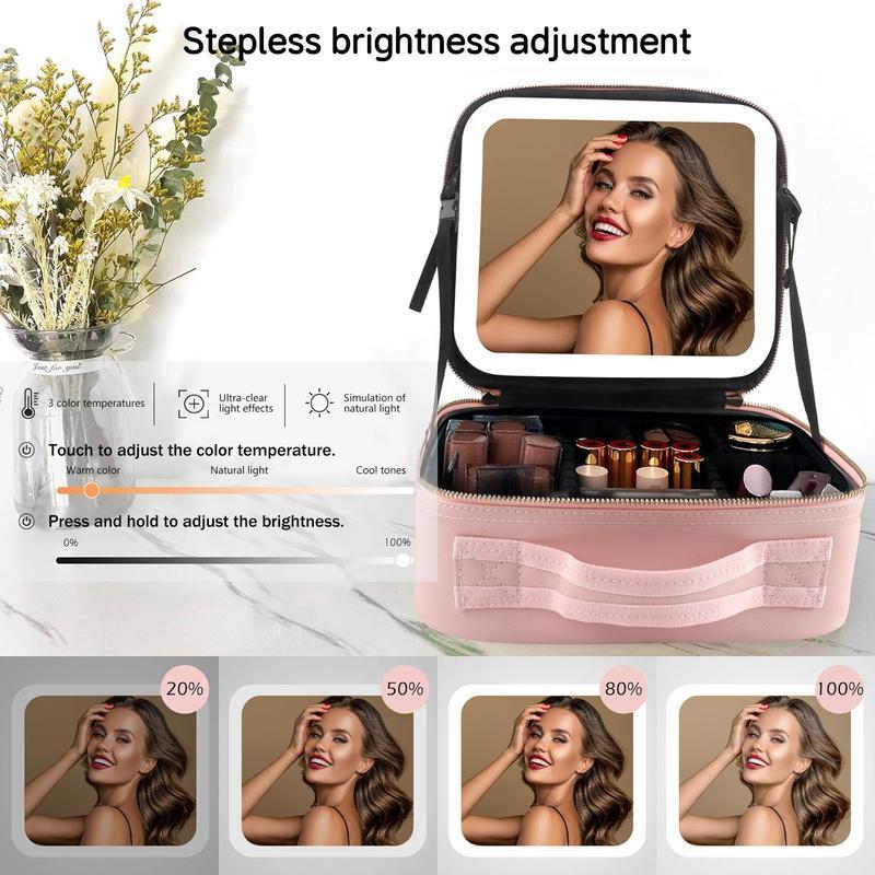 Makeup Bag with LED Mirror, 1 2 Counts Portable Large Capacity Cosmetic Makeup Containers Set Storage Bag with Adjustable Brightness LED Light, Travel Makeup Organizer