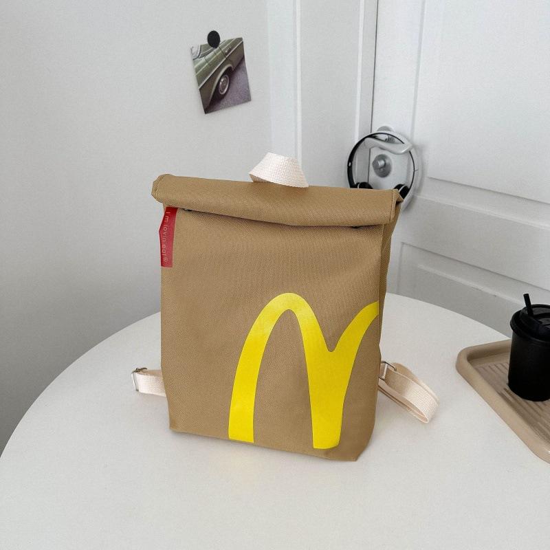 McDonald's Backpack Fun Backpack Women's Canvas large capacity cartoon French fries bag Travel crossbody bag Starbucks KFC bag Double backpack schoolbag