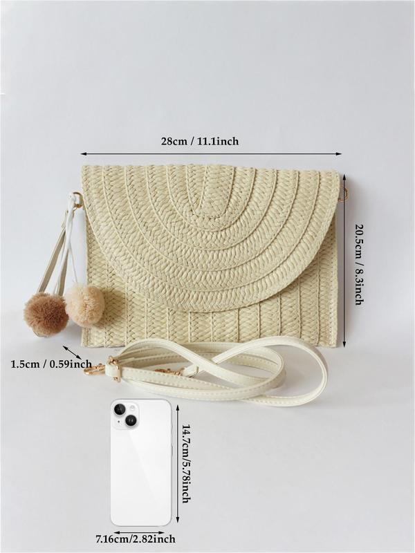 Women's Minimalist Envelop Design Straw Clutch Bag, Boho Style Clutch Bag with Pom Pom Charm, Two Way Use Bag, Fashionable Crossbody Bag for Daily Use