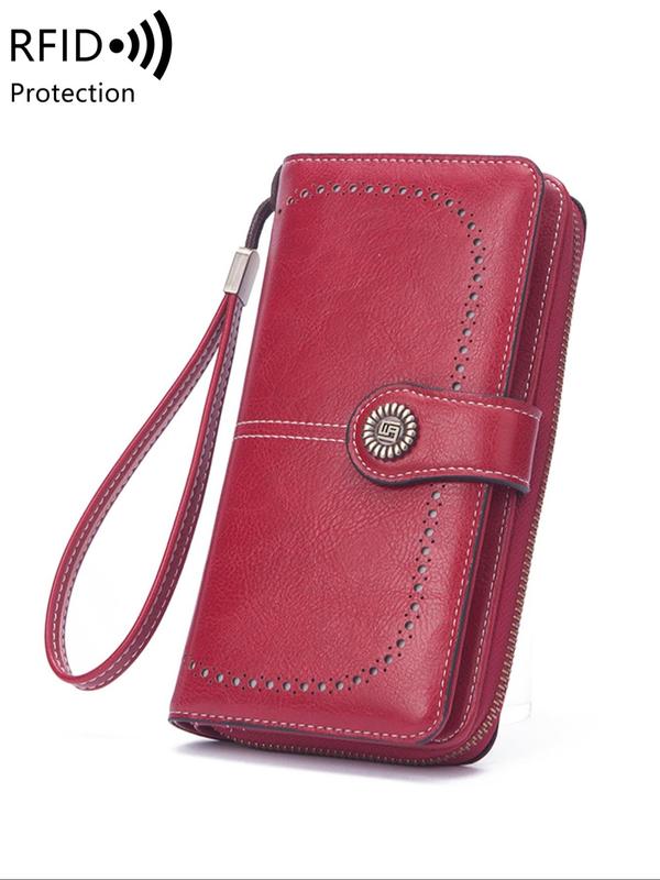 Solid Color Flower Buckle Long Wallet with RFID Protection, Vintage Multi-functional Coin Purse with Zipper & Wristband, Casual Versatile Pu Leather Wallet for Women