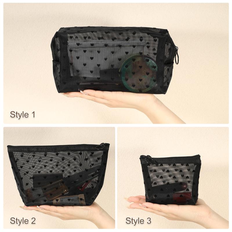 CHEIBEAR 3pcs Heart Shape Print Zipper Clear Mesh Makeup Bag Pouch Black