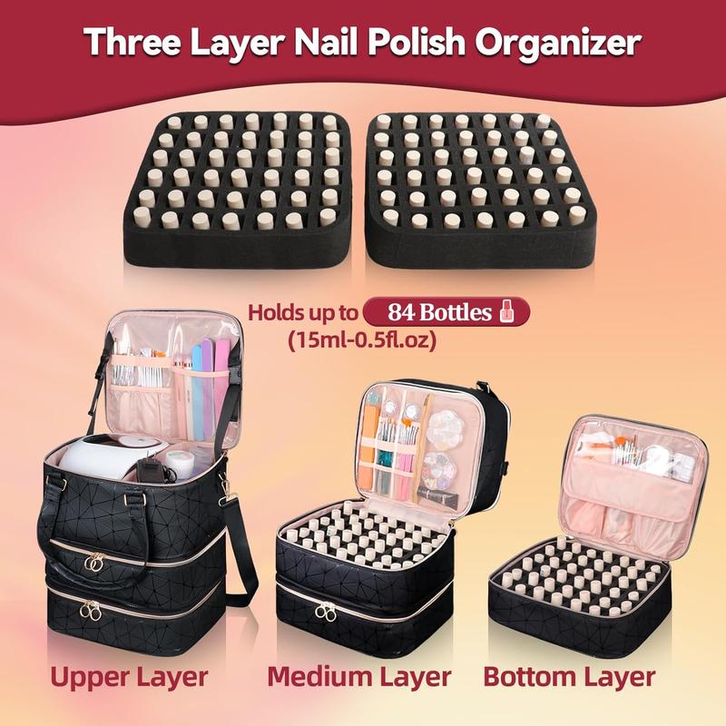 Nail Polish Organizer Bag Holds 84 Bottles (15ml 0.5fl.oz)& Nail Lamp, 3 Layers Detachable Nail Kit Storage Case PU Leather, Large Travel Nail Supplies Shoulder Bag for Manicure Tools (Black)