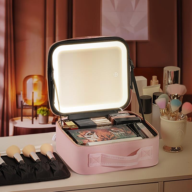 Makeup Bag with LED Mirror, 1 2 Counts Portable Large Capacity Cosmetic Makeup Containers Set Storage Bag with Adjustable Brightness LED Light, Travel Makeup Organizer