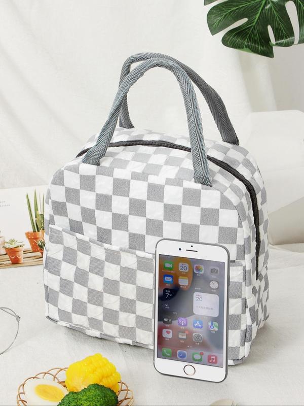 Plaid Pattern Lunch Bag, Portable Insulated Lunch Bag, Waterproof Lunch Box Bag with Zipper for Women & Men, Casual Trendy Versatile High-quality Daily Commuting Bag