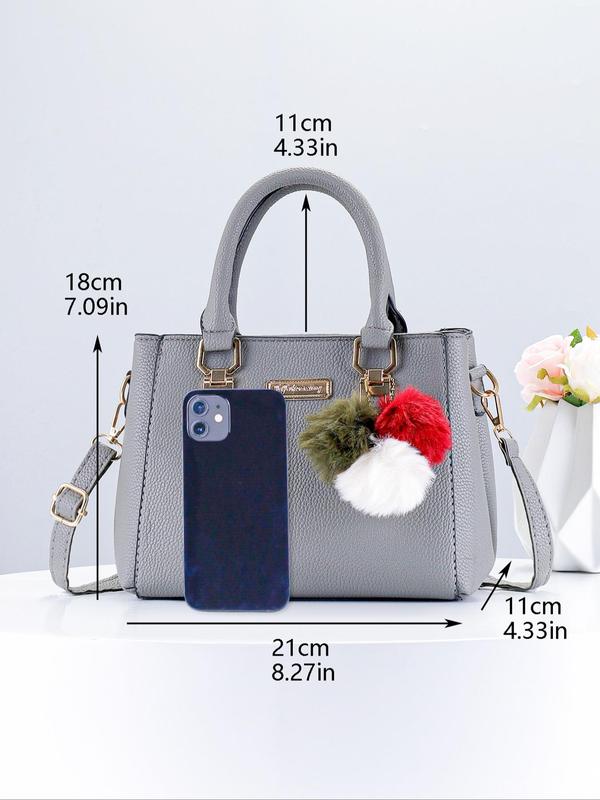 Women's Elegant Solid Color Handbag with Pom Pom Decoration, Fashionable Handbag with Adjustable Strap for Work & Daily Use