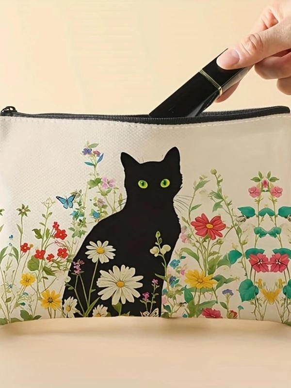 Cat & Floral Pattern Makeup Bag, Multi-functional Storage Bag, Travel Makeup Bag, Suitable for Leisure Travel, Business Trips