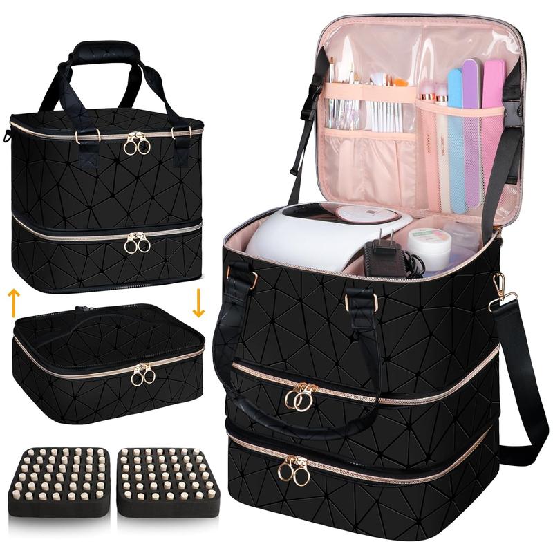 Nail Polish Organizer Bag Holds 84 Bottles (15ml 0.5fl.oz)& Nail Lamp, 3 Layers Detachable Nail Kit Storage Case PU Leather, Large Travel Nail Supplies Shoulder Bag for Manicure Tools (Black)