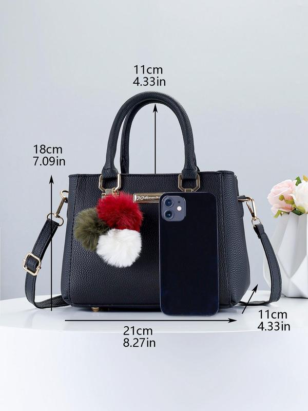 Women's Elegant Solid Color Handbag with Pom Pom Decoration, Fashionable Handbag with Adjustable Strap for Work & Daily Use