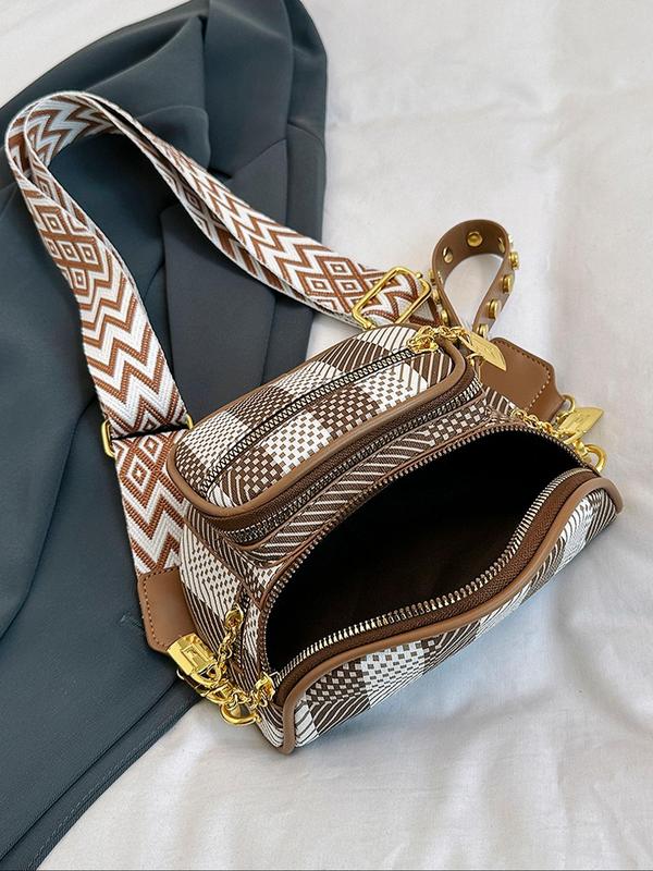 Women's Elegant Geometric Print Crossbody Bag, Fashionable PU Leather Zipper Adjustable Strap Shoulder Bag for Daily Used, Casual Trendy Versatile High-quality Daily Commuting Bag