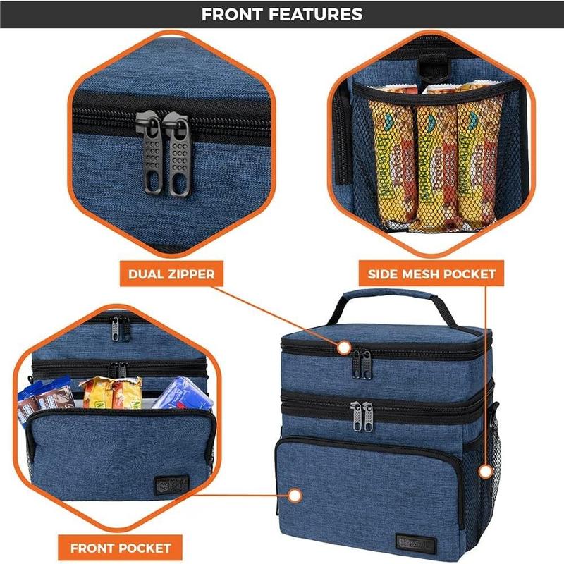 Insulated Lunch Bag for Men Women, Large Dual Compartment Cooler Bag, Soft Two Deck Lunch Box for Work School Picnic, Leakproof Lunch Tote with  Strap for  Adult (Navy, Double Deck)