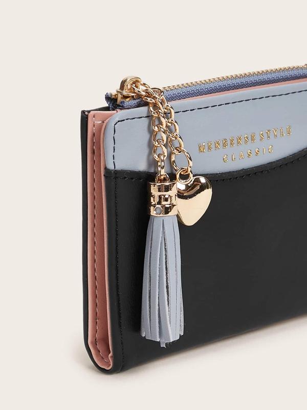 Women's  Heart Shaped and Tassel Charm Zipper Short Wallet, Casual Fashion Pu Leather Multi Card Slots Card Holder for Women & Girls for Daily Use