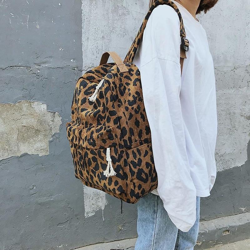 Corduroy Leopard Backpack - Boho Book Bag - Leopard Back Back - Leopard Bookbag