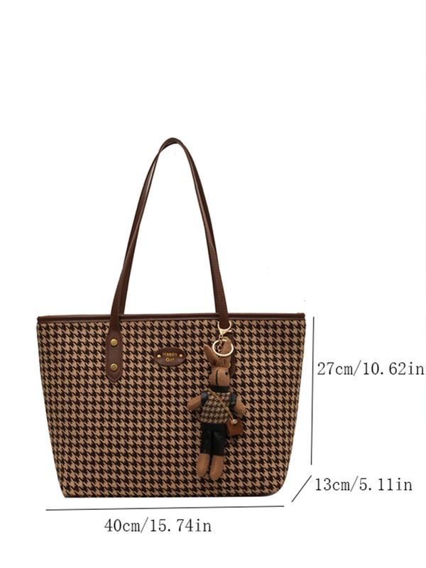 Women's Modern Houndstooth Print Tote Bag With Rabbit Charm Pendant, Casual Large Capacity Zipper Shoulder Tote Bag For Work & Daily Used