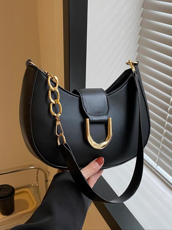 Women's Solid Color Half Chain Strap Shoulder Bag, Pu Leather Zipper Shoulder Bag for Work & Daily Used, Commuting Bag, Girl Shopping Bag