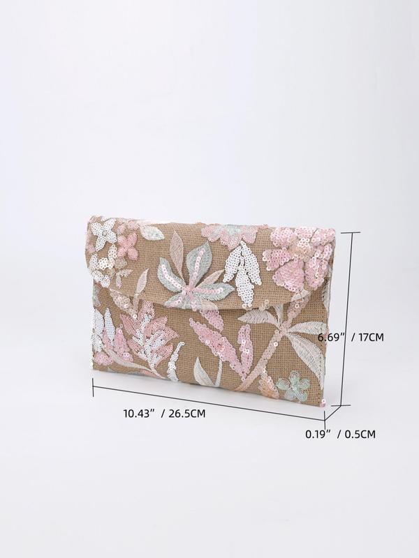 Fashion Floral Pattern Contrast Sequin Decor Envelope Clutch, Casual Versatile Clutch for Women, Trendy High-quality Daily Commuting Bag