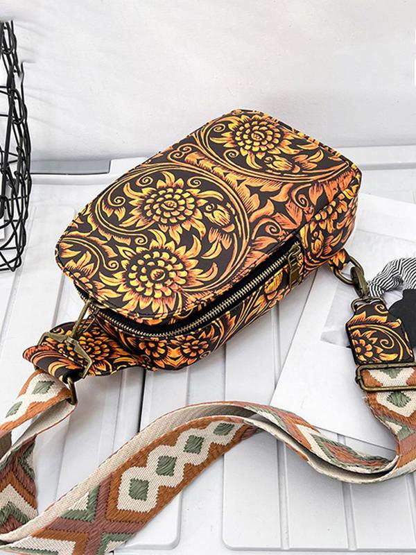 Women's Vintage Random Print Fanny Pack,  2024 New Style Casual Zipper Sling Bag with Adjustable Strap for Daily Used, Trendy All-match Sling Bag for Girls