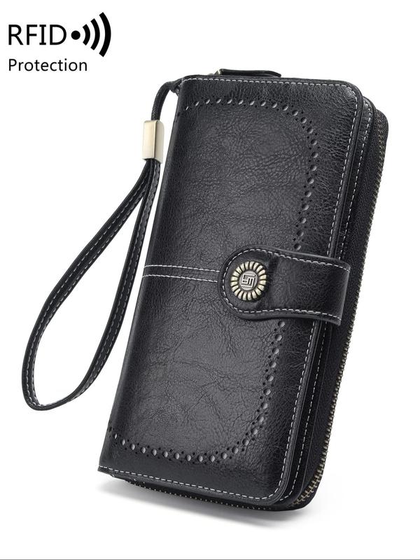 Solid Color Flower Buckle Long Wallet with RFID Protection, Vintage Multi-functional Coin Purse with Zipper & Wristband, Casual Versatile Pu Leather Wallet for Women