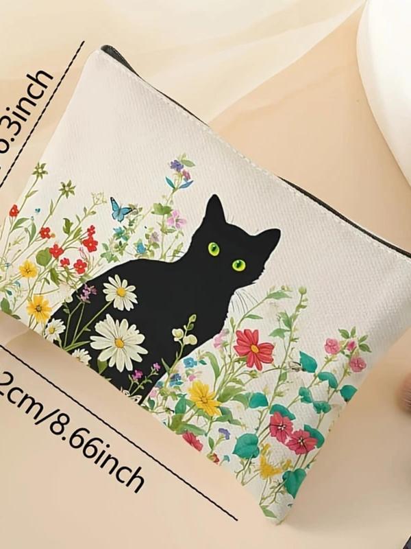 Cat & Floral Pattern Makeup Bag, Multi-functional Storage Bag, Travel Makeup Bag, Suitable for Leisure Travel, Business Trips