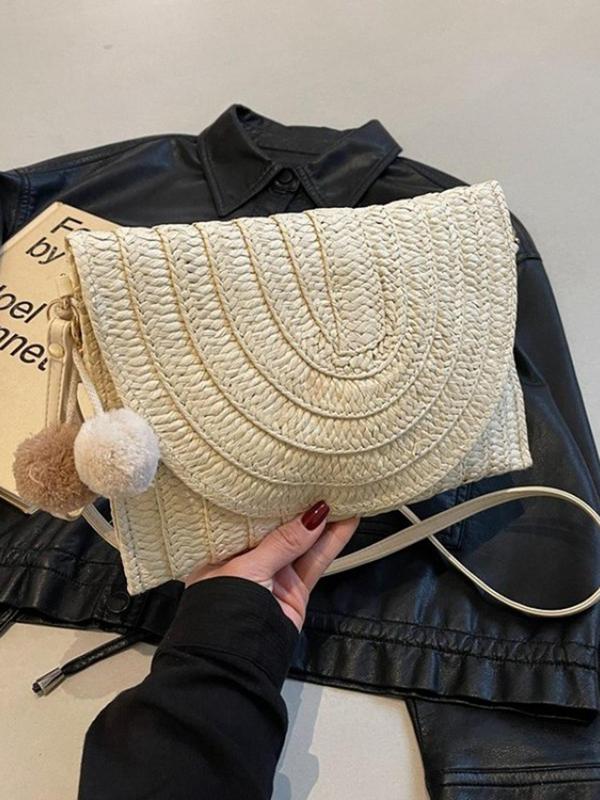 Women's Minimalist Envelop Design Straw Clutch Bag, Boho Style Clutch Bag with Pom Pom Charm, Two Way Use Bag, Fashionable Crossbody Bag for Daily Use