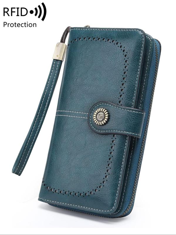 Solid Color Flower Buckle Long Wallet with RFID Protection, Vintage Multi-functional Coin Purse with Zipper & Wristband, Casual Versatile Pu Leather Wallet for Women