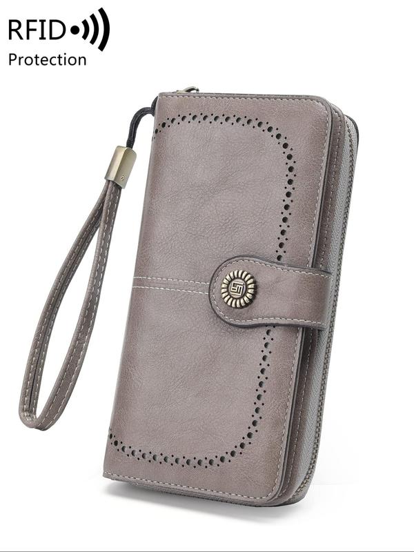 Solid Color Flower Buckle Long Wallet with RFID Protection, Vintage Multi-functional Coin Purse with Zipper & Wristband, Casual Versatile Pu Leather Wallet for Women