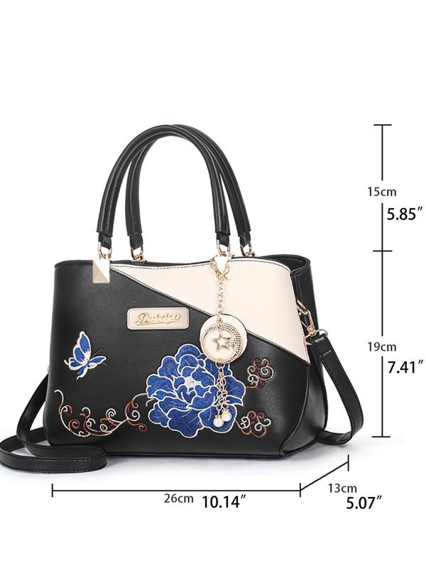 Women's Ethnic Pattern Embroidered Handbag, Fashionable Butterfly & Flower Decorated Tassel Design Handbag with Faux Pearl Charm, Casual Large Capacity Shoulder Bag