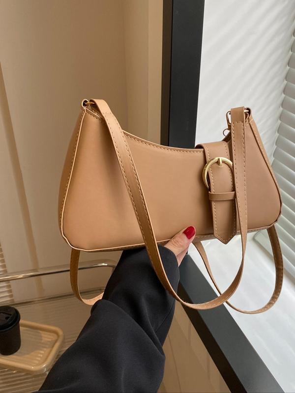 Women's Fashionable Solid Color Baguette Bag, Simple Plain Pu Leather Zipper Shoulder Bag for Daily Used, Casual Trendy Versatile High-quality Daily Commuting Bag, Girl Fashionable Shopping Bag