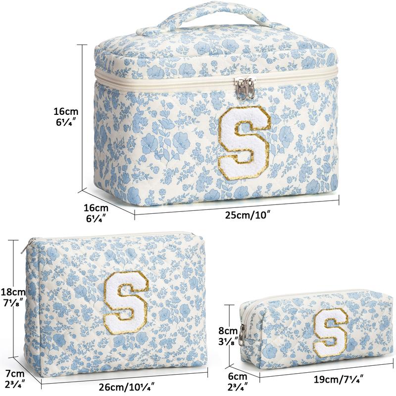 TIBLUE Personalized Quilted Floral Makeup Bag Set for Women, Travel Toiletry Organizer Pouch Toiletry Bag, Perfect Christmas Birthday Gift for Mom Sister Wife Friends Auntie Her