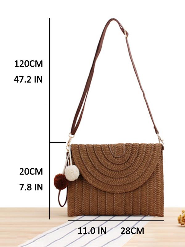 Women's Minimalist Envelop Design Straw Clutch Bag, Boho Style Clutch Bag with Pom Pom Charm, Two Way Use Bag, Fashionable Crossbody Bag for Daily Use