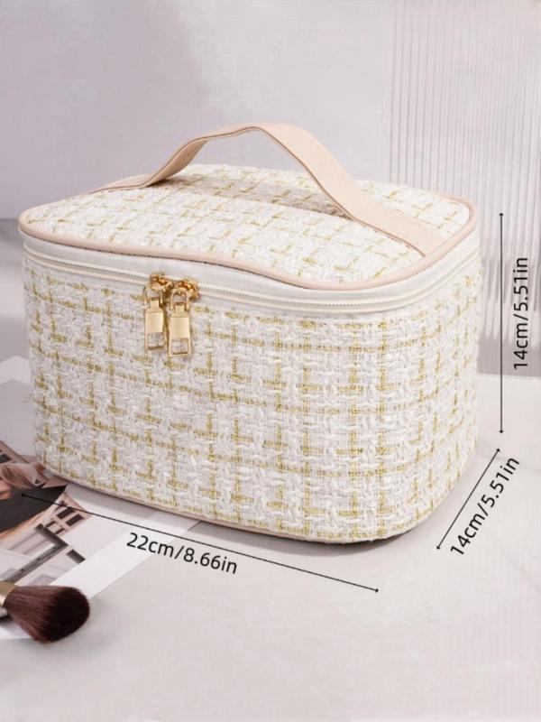 Tweed Decor Makeup Bag, Large Capacity Cosmetic Storage Bag, Portable Travel Toiletry Bag, Zipper Makeup Organizer Pouch