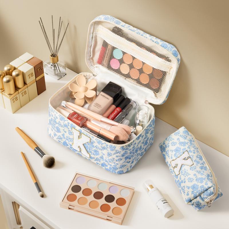 TIBLUE Personalized Quilted Floral Makeup Bag Set for Women, Travel Toiletry Organizer Pouch Toiletry Bag, Perfect Christmas Birthday Gift for Mom Sister Wife Friends Auntie Her