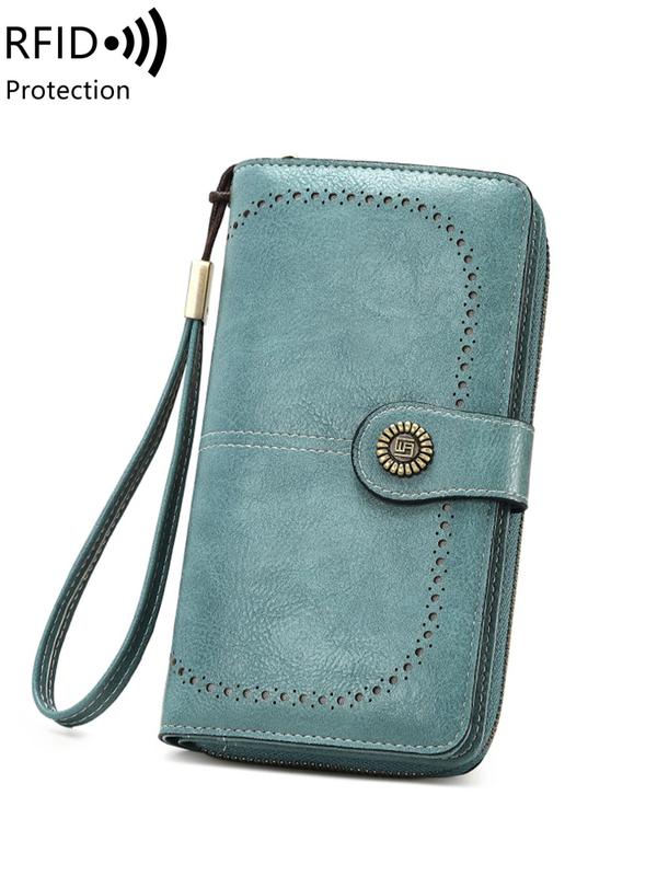 Solid Color Flower Buckle Long Wallet with RFID Protection, Vintage Multi-functional Coin Purse with Zipper & Wristband, Casual Versatile Pu Leather Wallet for Women