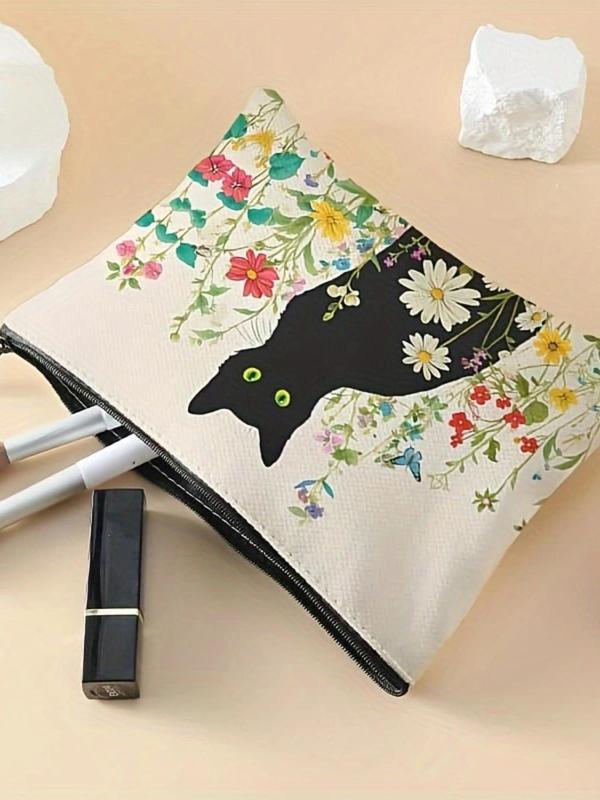 Cat & Floral Pattern Makeup Bag, Multi-functional Storage Bag, Travel Makeup Bag, Suitable for Leisure Travel, Business Trips