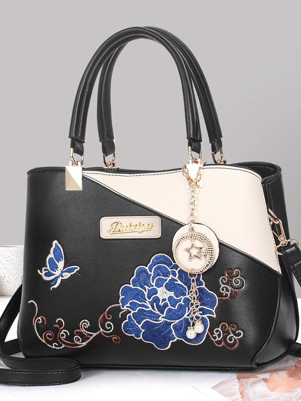 Women's Ethnic Pattern Embroidered Handbag, Fashionable Butterfly & Flower Decorated Tassel Design Handbag with Faux Pearl Charm, Casual Large Capacity Shoulder Bag