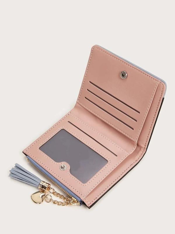 Women's  Heart Shaped and Tassel Charm Zipper Short Wallet, Casual Fashion Pu Leather Multi Card Slots Card Holder for Women & Girls for Daily Use