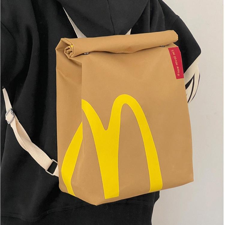 McDonald's Backpack Fun Backpack Women's Canvas large capacity cartoon French fries bag Travel crossbody bag Starbucks KFC bag Double backpack schoolbag