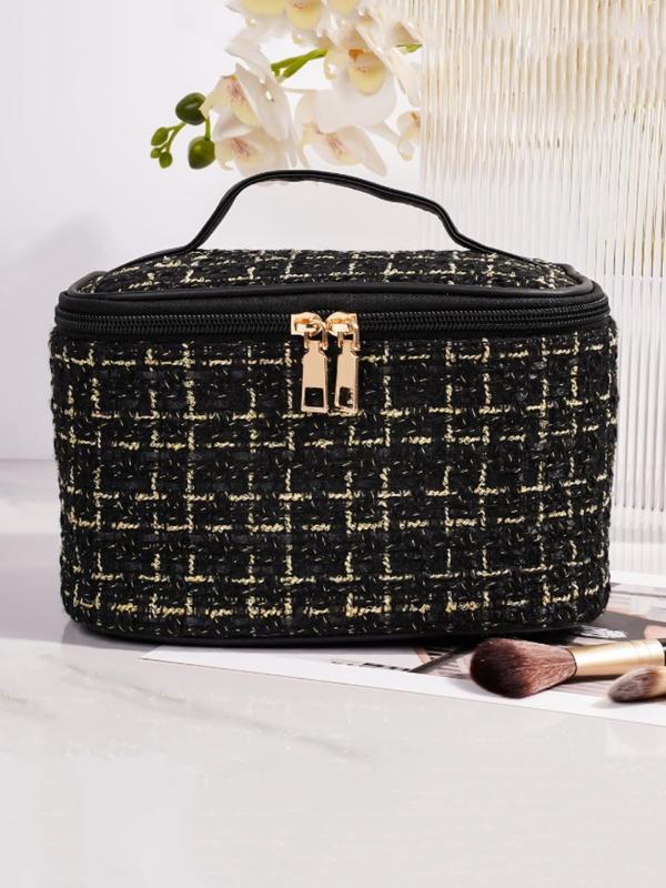 Tweed Decor Makeup Bag, Large Capacity Cosmetic Storage Bag, Portable Travel Toiletry Bag, Zipper Makeup Organizer Pouch